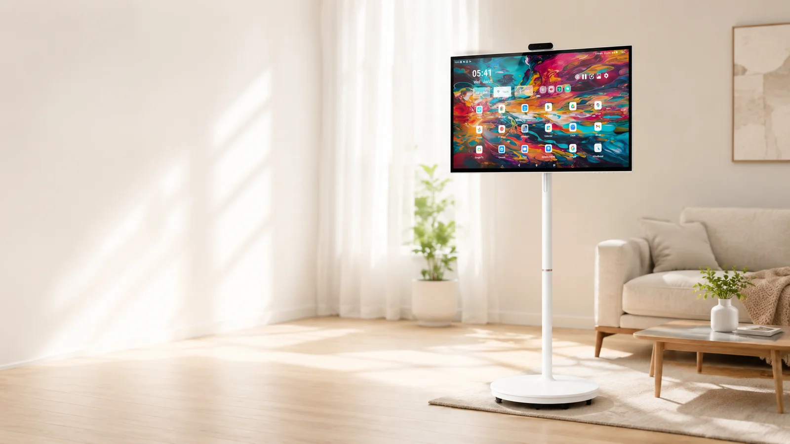 Pantalla táctil portátil Tauron de 32 pulgadas en un salón moderno
