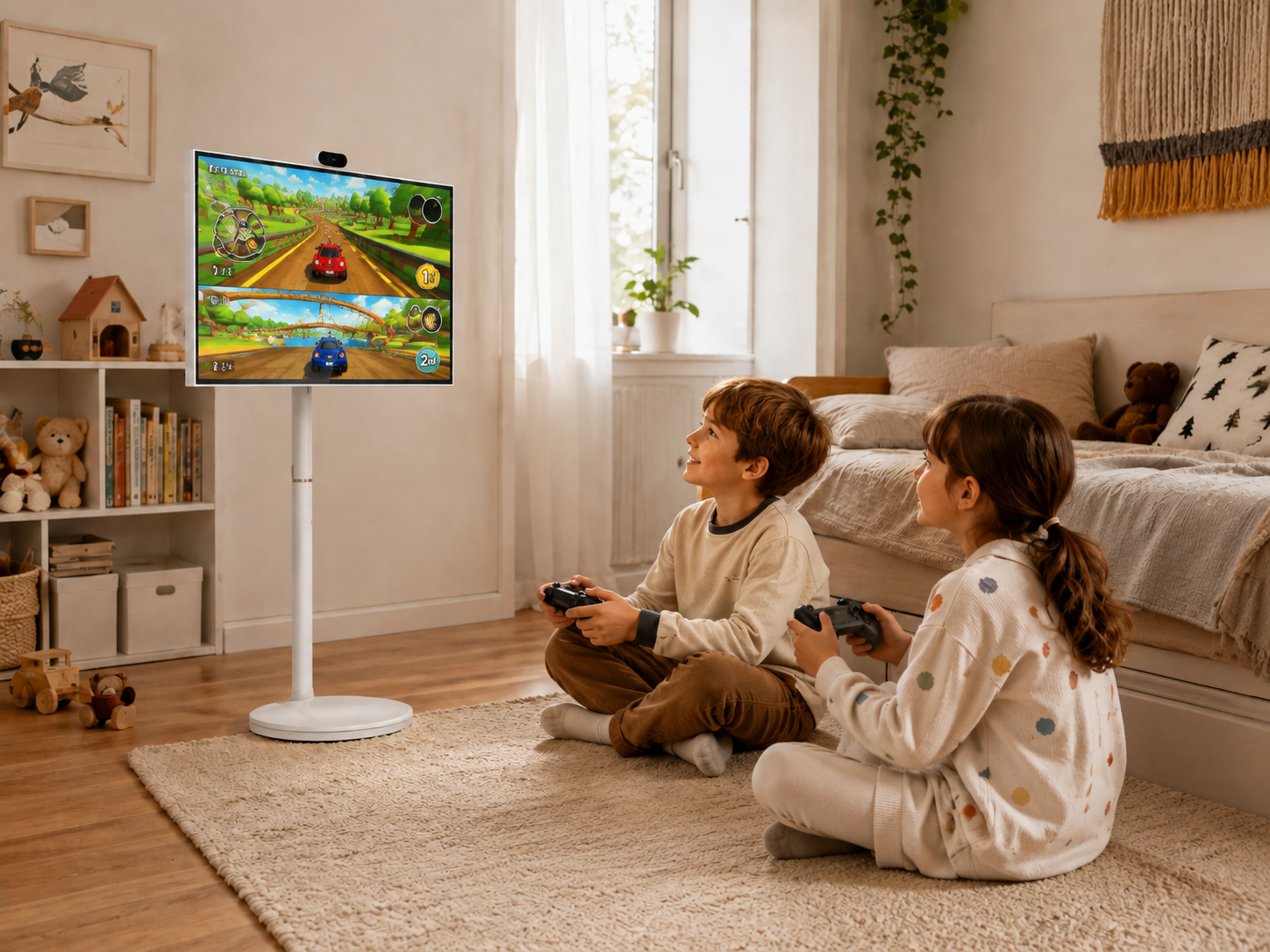 Niños jugando con la pantalla táctil Tauron de 32 pulgadas en su habitación