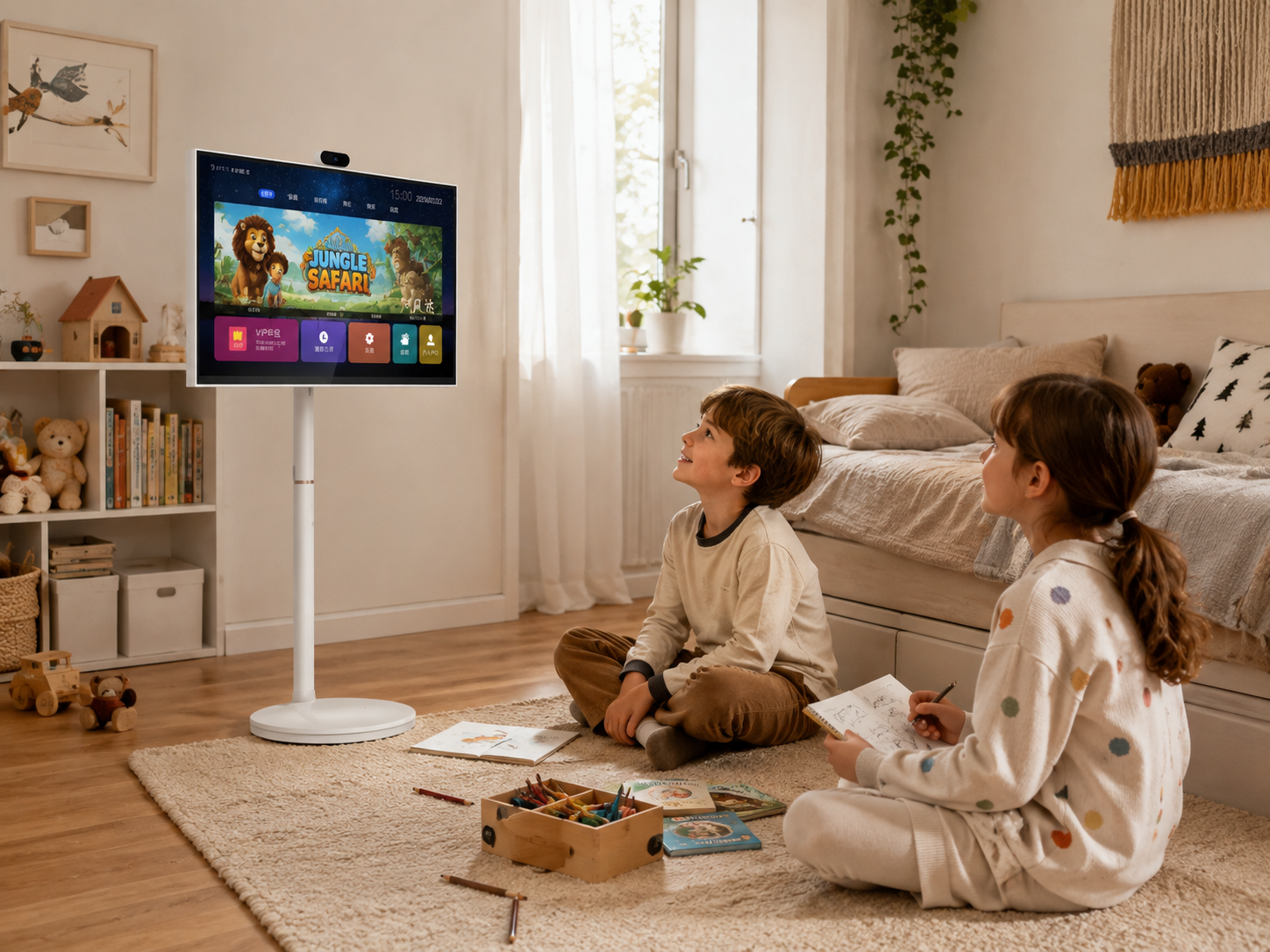 Niños disfrutando de la pantalla portátil Tauron en casa