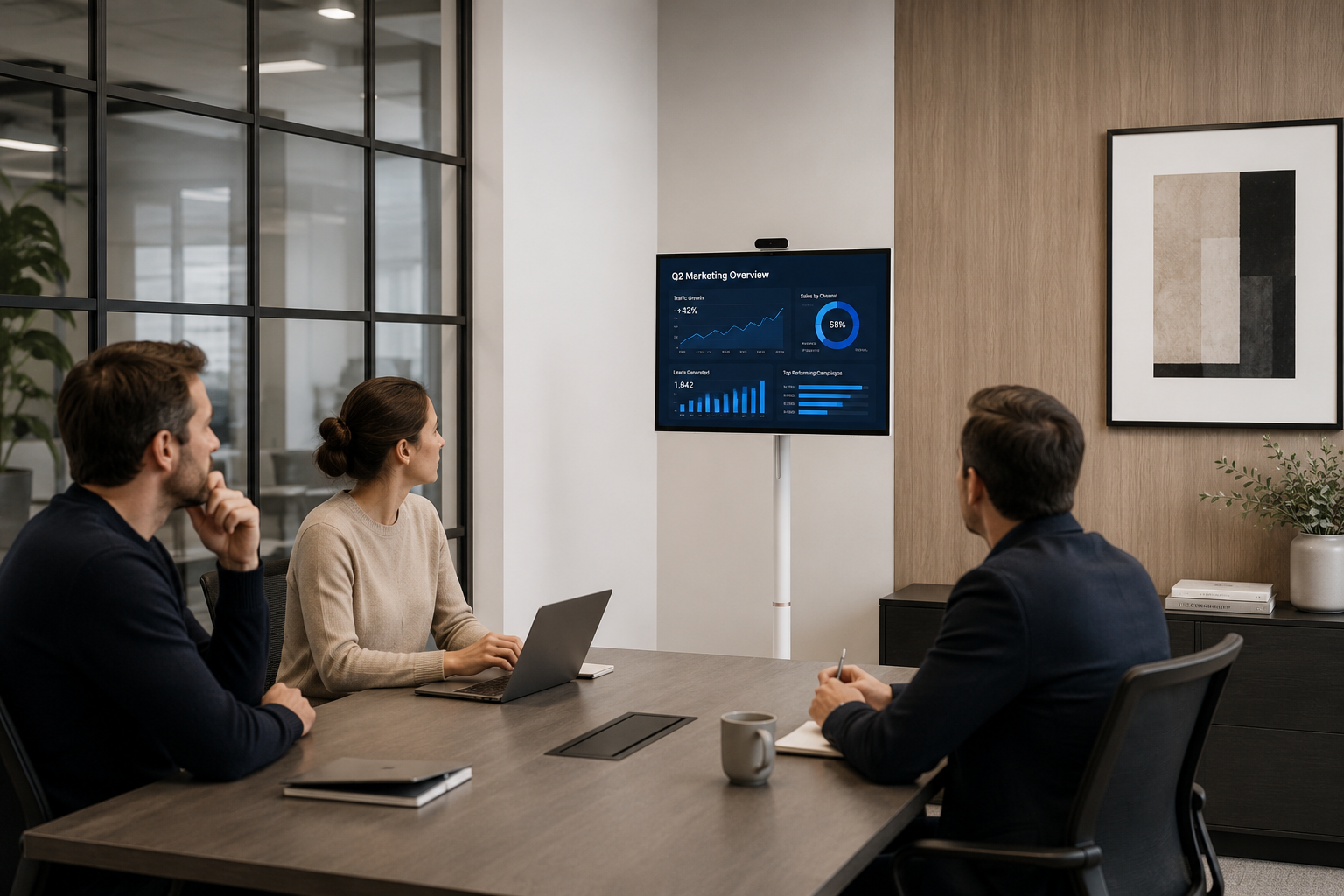 Equipo de trabajo usando la pantalla portátil Tauron de 32 pulgadas en una reunión de oficina